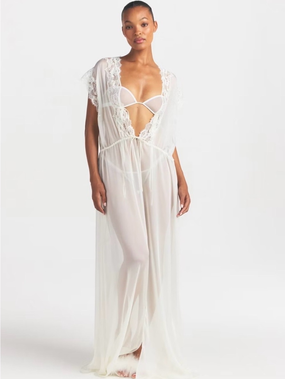 SKIMS ROMANCE new with tags $295 100% silk sheer ivory robe with lace